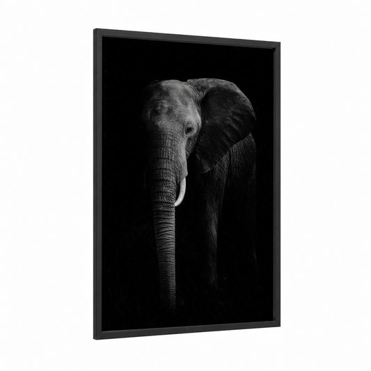Ivory Elephant Portrait framed savanna elephant print — black wood frame — black and white palette