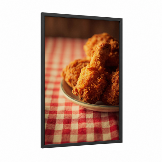 Crispy Fried Chicken framed poultry print — black wood frame — gold and red palette