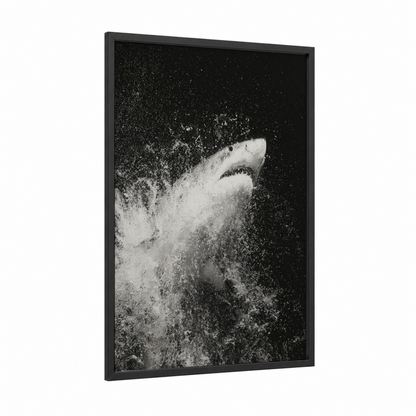 Powder Shark framed bull shark print — black wood frame — black and white palette
