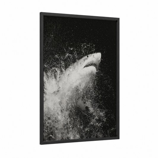 Powder Shark framed bull shark print — black wood frame — black and white palette