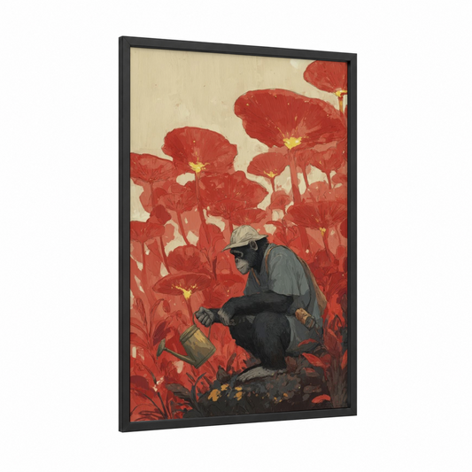 Gardening Chimpanzee framed art print — black wood frame — red and cream palette