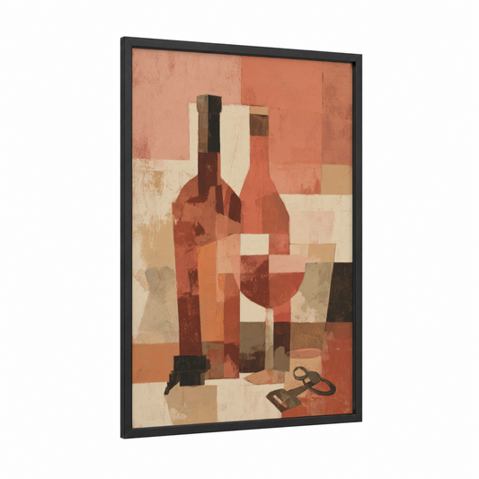 Cubist Wine Bottle framed rose wine print — black wood frame — cream palette
