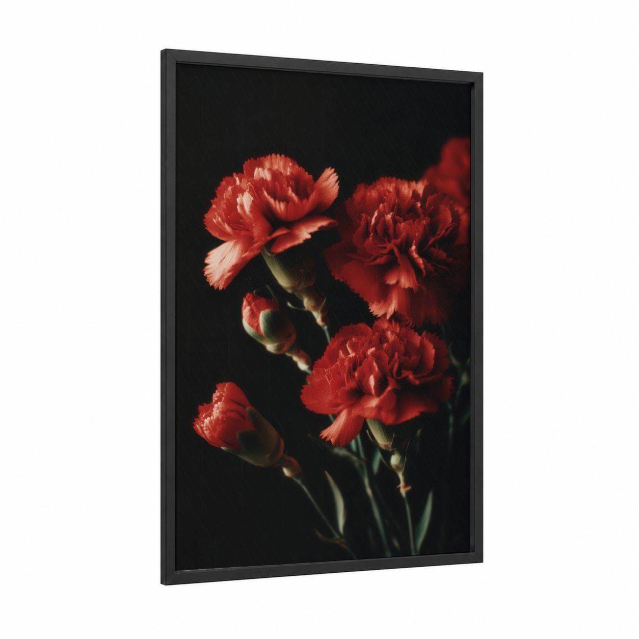 Crimson Carnation Cluster framed carnations print — black wood frame — red and black palette