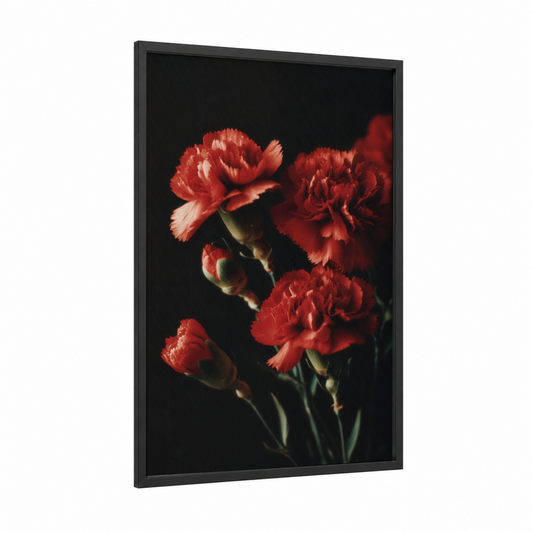 Crimson Carnation Cluster framed carnations print — black wood frame — red and black palette