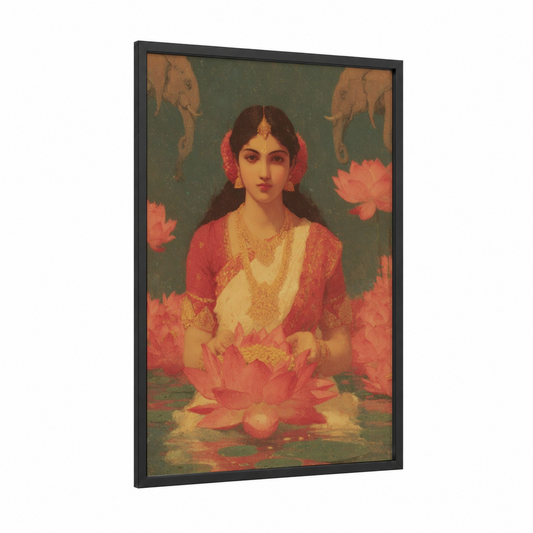 Lotus Goddess framed hinduism print — black wood frame — gold and salmon pink palette
