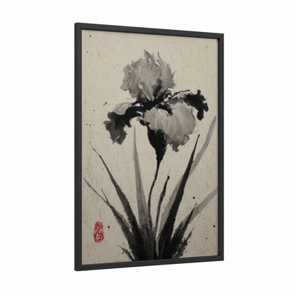 Ink Iris framed art print — black wood frame — black and white and gray palette