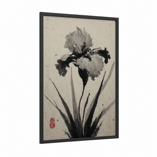 Ink Iris framed art print — black wood frame — black and white and gray palette