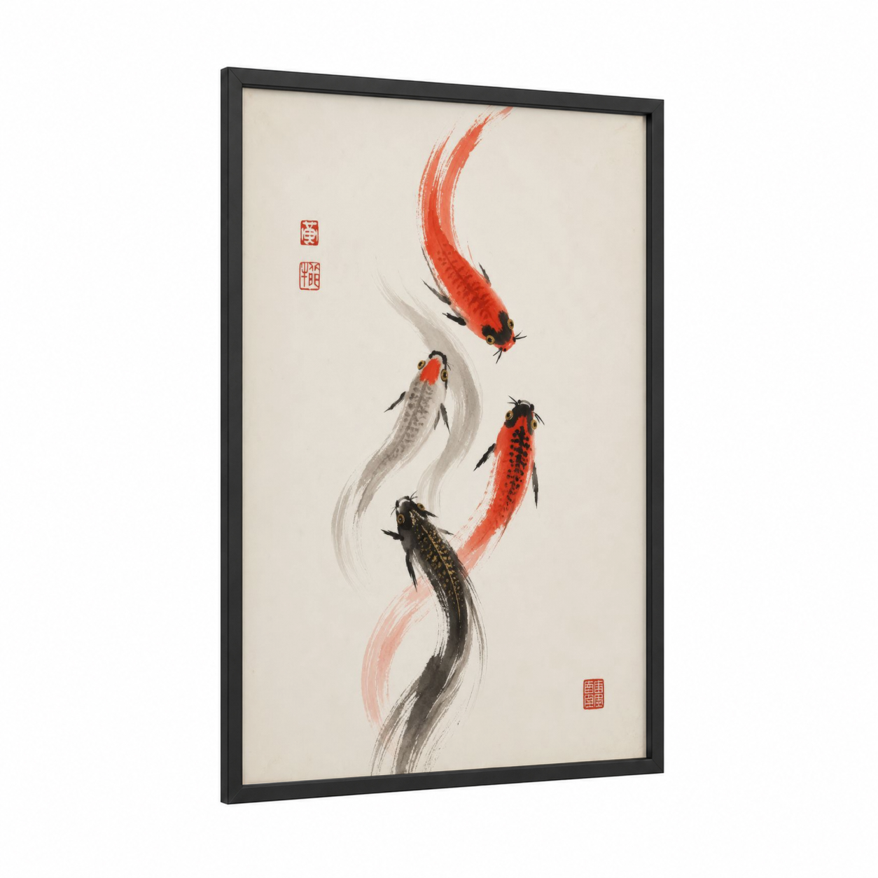 Japanese Koi Fish Wall Art framed art print — black wood frame — red and black and white palette