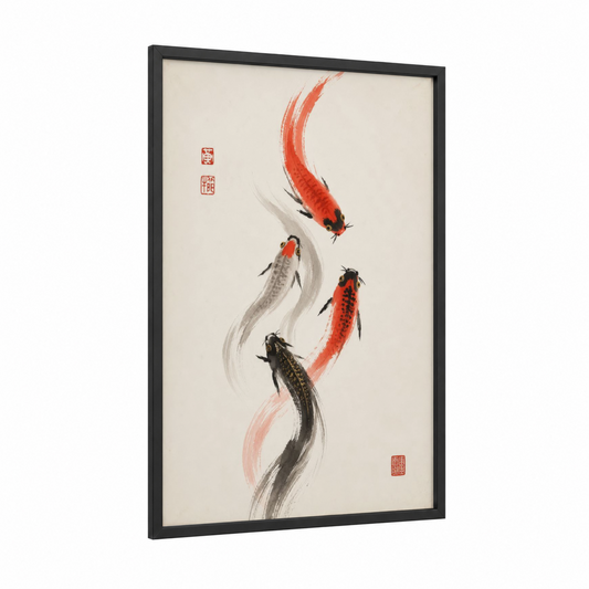 Japanese Koi Fish Wall Art framed art print — black wood frame — red and black and white palette