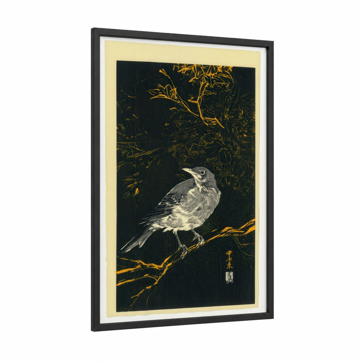 Golden Thrush framed art print — black wood frame — black and gold palette