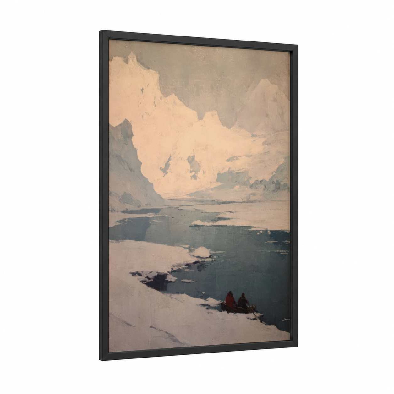 Glacier Solitude framed art print — black wood frame — cream and dove gray palette