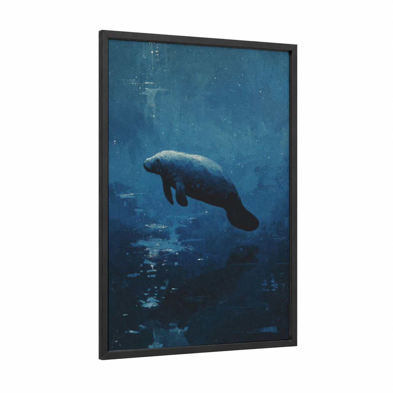 Deep Water Manatee framed manatees print — black wood frame — blue and teal palette