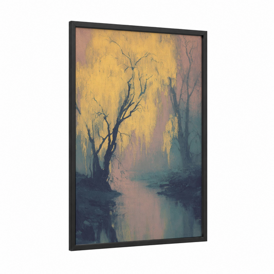Golden Willow Stream framed willow forest print — black wood frame — gold and dove gray palette