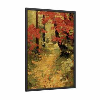 Crimson Maple Forest framed art print — black wood frame — gold and red palette