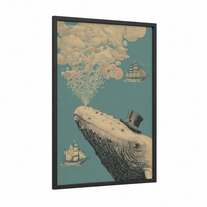 Steampunk Whale Dream framed sperm whale print — black wood frame — teal and cream palette