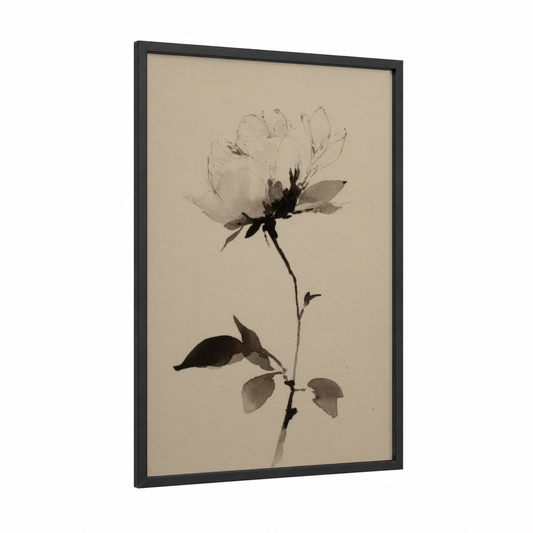 Ink Peony framed art print — black wood frame — black and white and cream palette