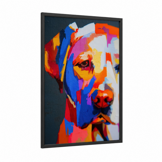 Colorful Retriever framed art print — black wood frame — blue and orange palette