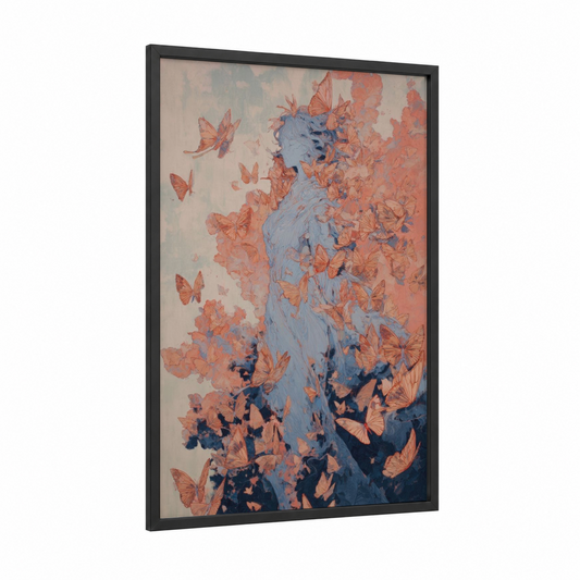 Butterfly Ghost framed art print — black wood frame — peach and blue palette