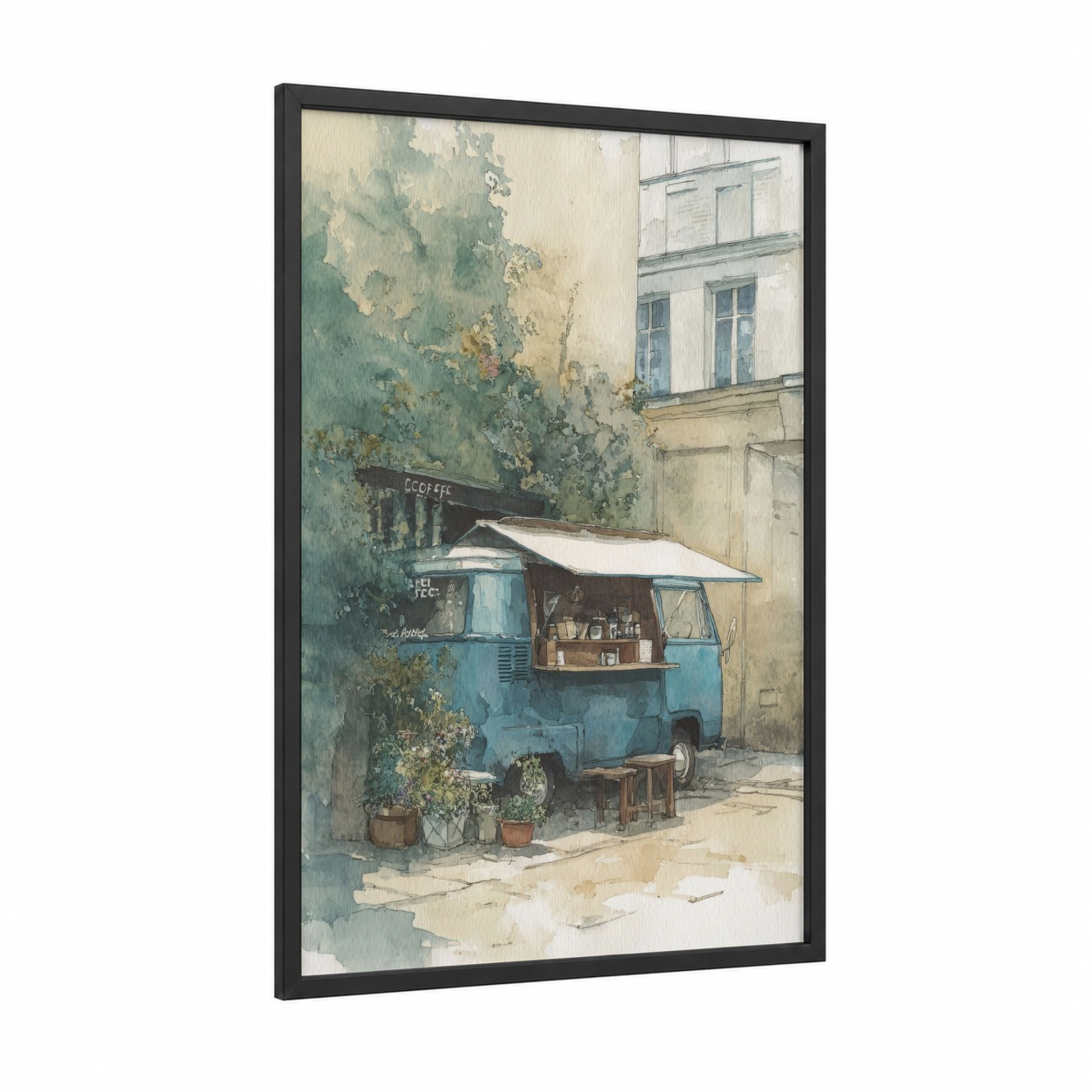 Blue Coffee Van framed art print — black wood frame — blue and sage green palette