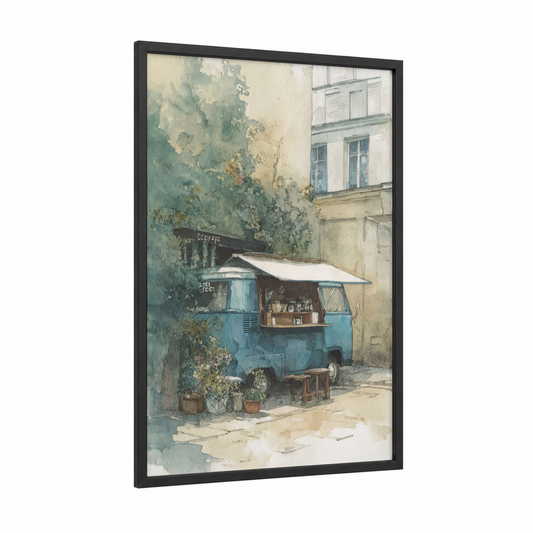 Blue Coffee Van framed art print — black wood frame — blue and sage green palette