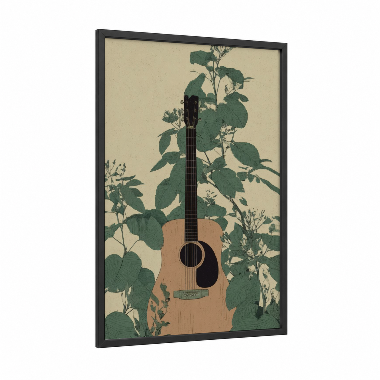 Botanical Guitar framed acoustic guitar print — black wood frame — dark green and beige palette