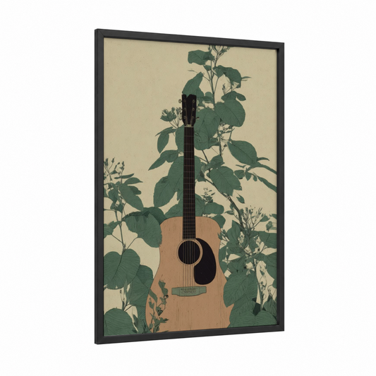 Botanical Guitar framed acoustic guitar print — black wood frame — dark green and beige palette