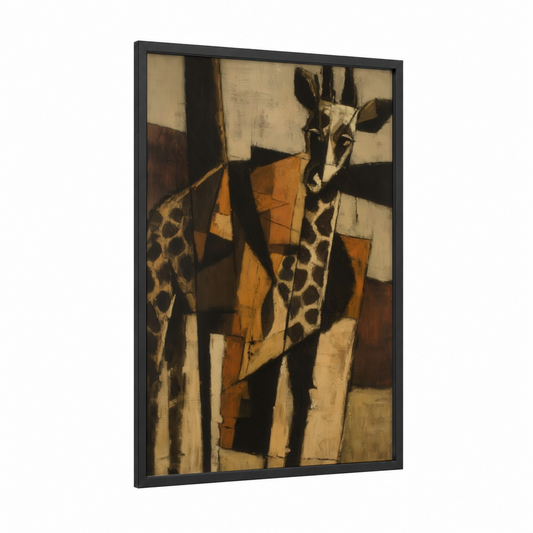 Geometric Giraffe framed art print — black wood frame — gold and brown palette