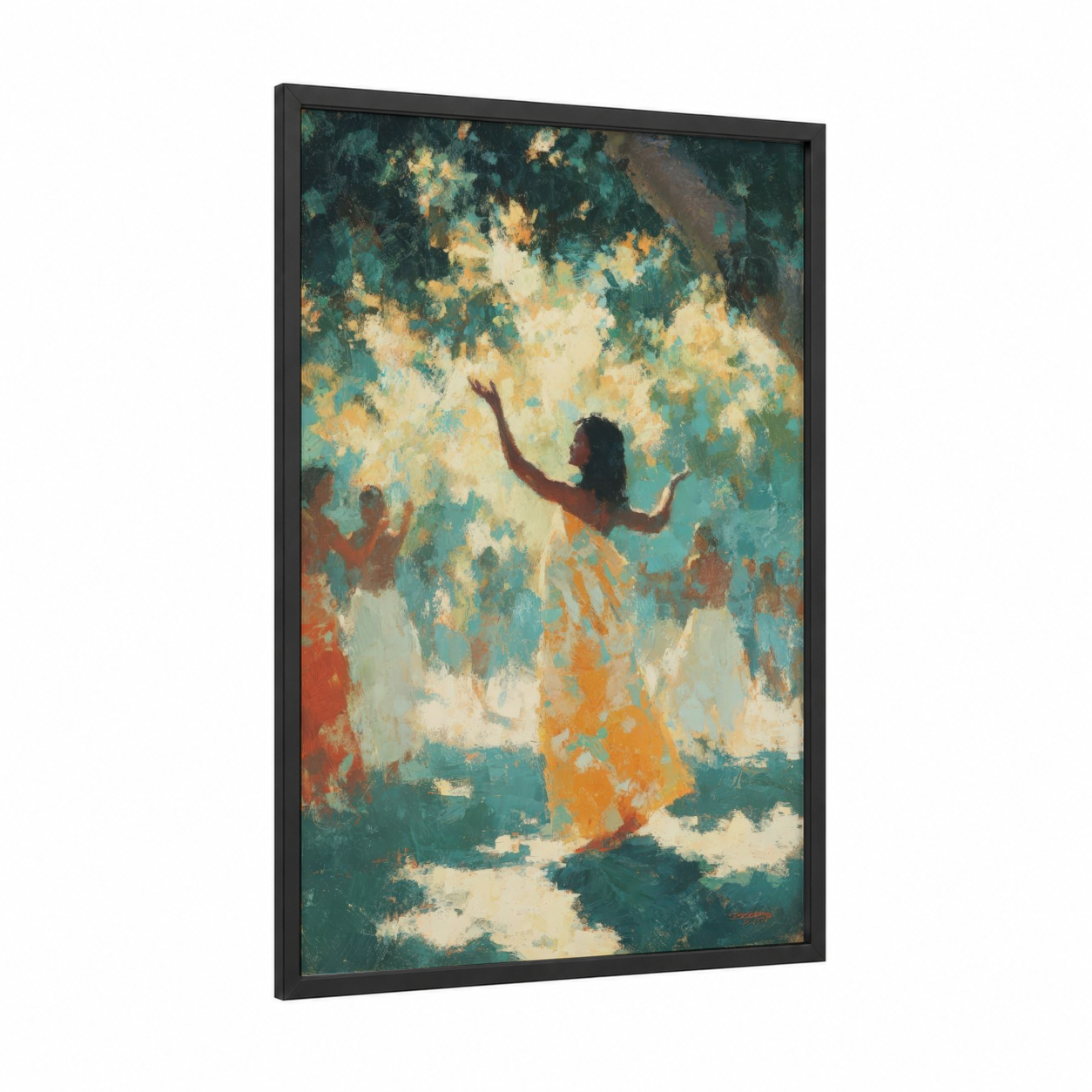 Tropical Hula Dancer framed art print — black wood frame — teal and gold palette
