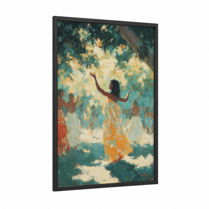 Tropical Hula Dancer framed art print — black wood frame — teal and gold palette