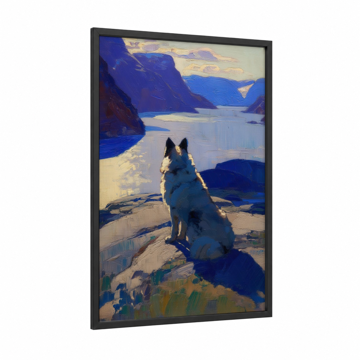 Alpine Spitz framed art print — black wood frame — blue and gold palette
