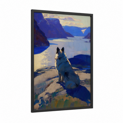 Alpine Spitz framed art print — black wood frame — blue and gold palette