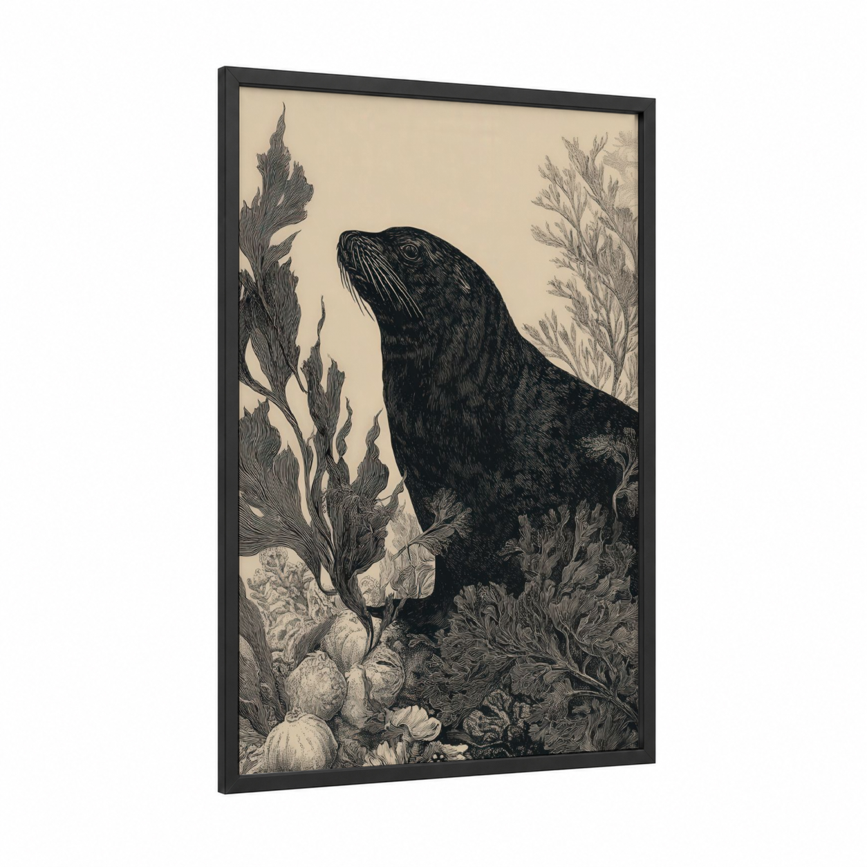 Kelp Forest Sea Lion framed art print — black wood frame — black and cream palette