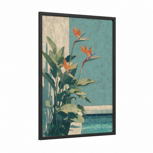 Tropical Paradise Blooms framed birds of paradise print — black wood frame — teal and orange palette