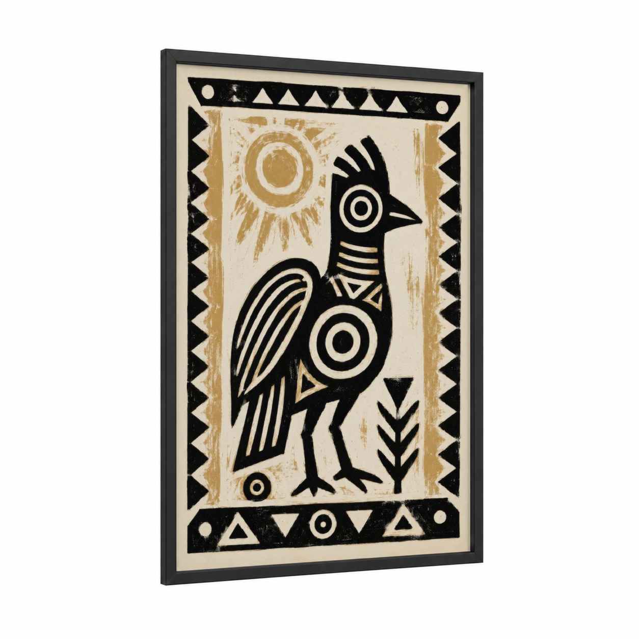 Geometric Rooster Sun Tribal Wall Art framed chicken and roosters print — black wood frame — black and white and gold palette