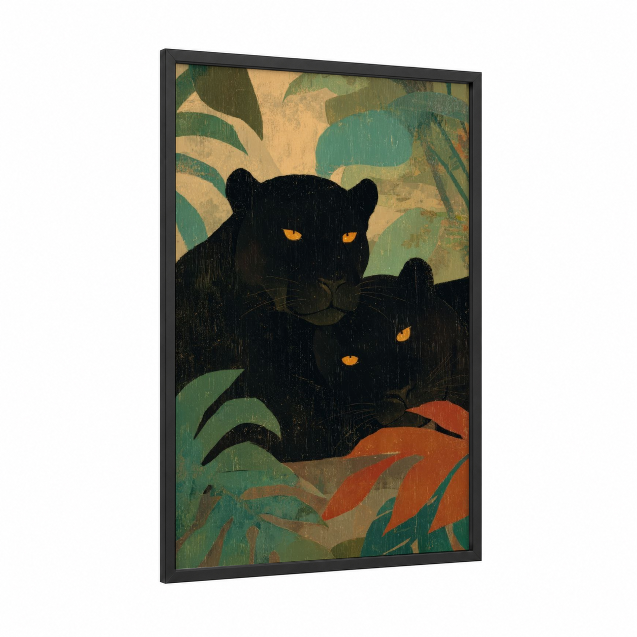 Jungle Panthers in Love framed animals in love print — black wood frame — black and gold palette