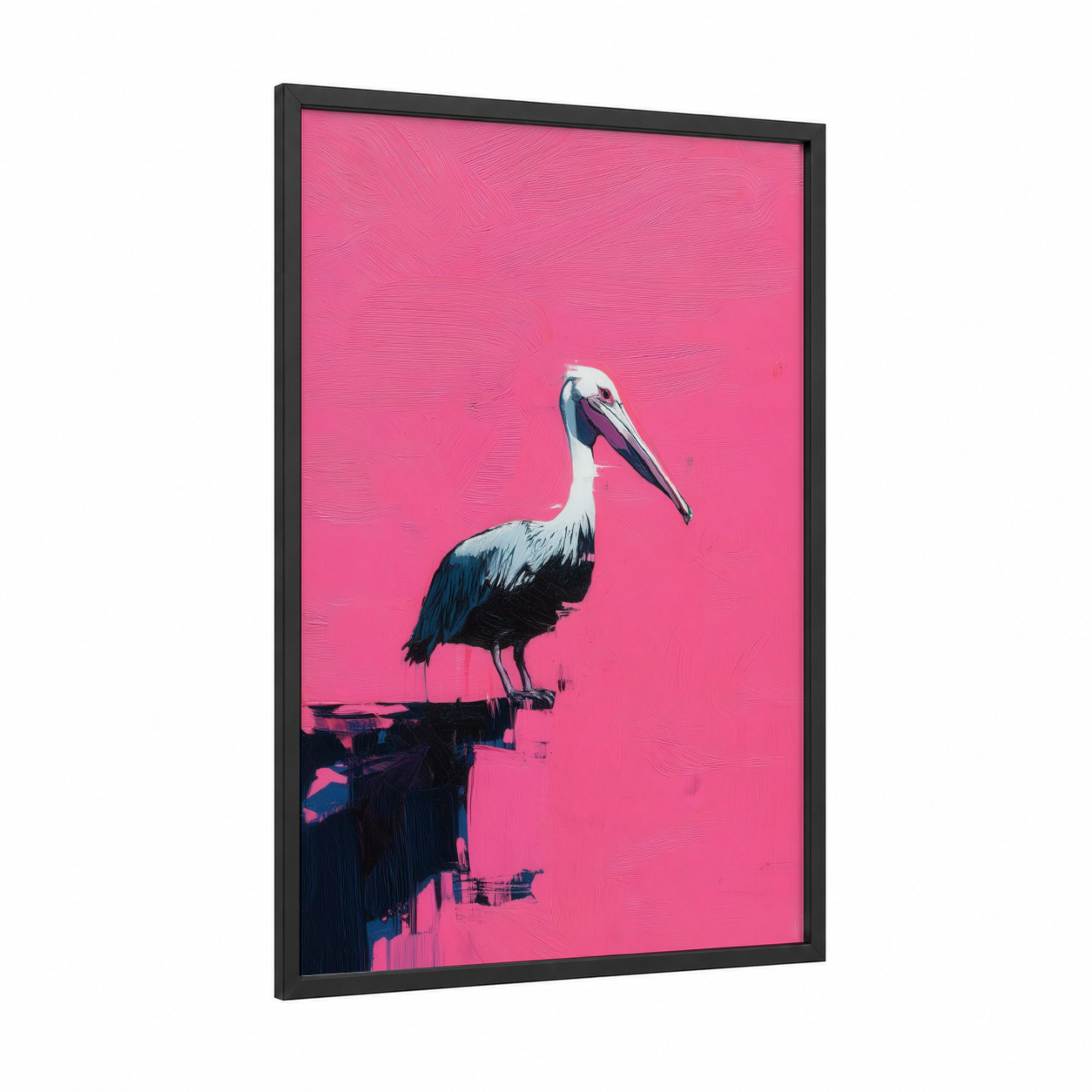 Magenta Pelican framed art print — black wood frame — magenta and black and white palette
