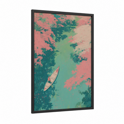 Aerial Kayak framed canoeing and kayaking print — black wood frame — teal and salmon pink palette