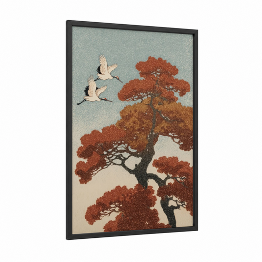 Crimson Cedar Flight framed cedar tree print — black wood frame — russet and sage green palette