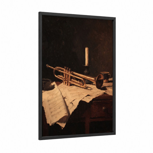 Golden Trumpet Still Life framed art print — black wood frame — gold and espresso palette