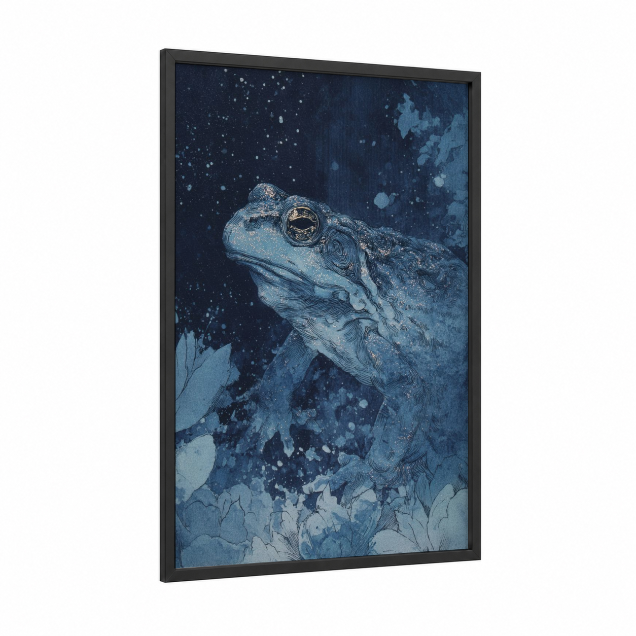 Frog Portrait framed frogs and toads print — black wood frame — dark blue and gold and silver palette
