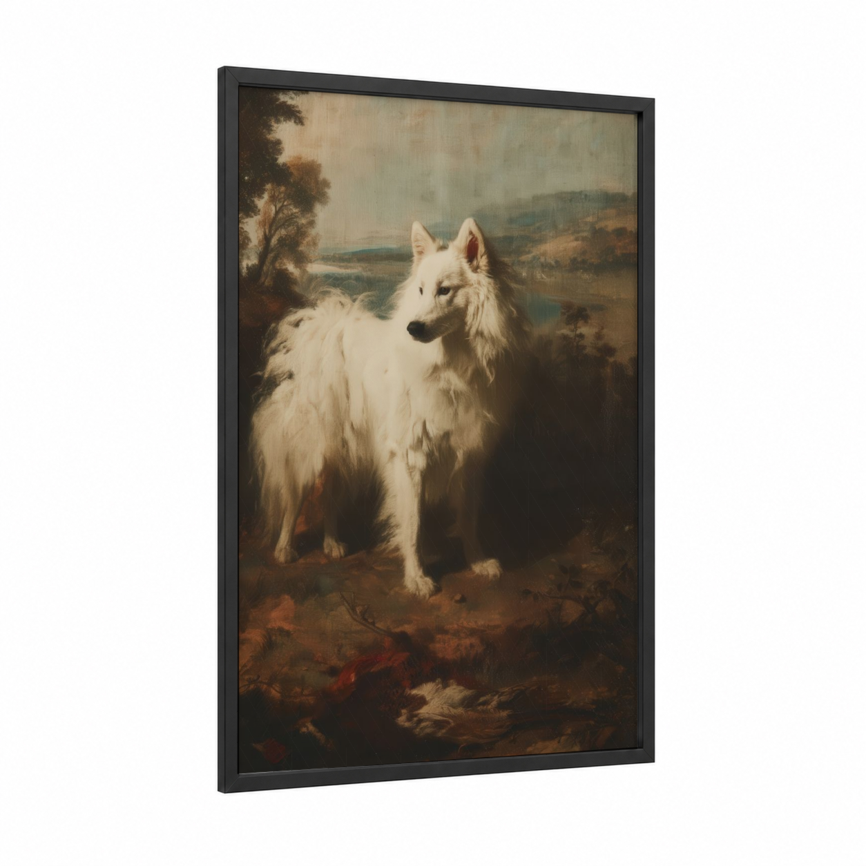 Alpine Spitz framed art print — black wood frame — cream and brown palette