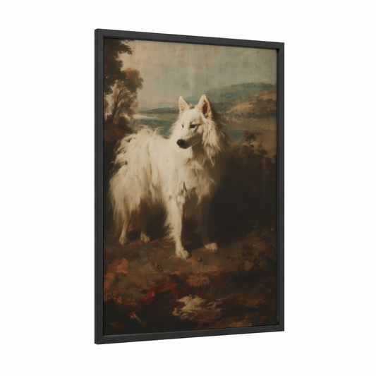 Alpine Spitz framed art print — black wood frame — cream and brown palette