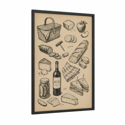 French Picnic Sketch Wall Art framed food print — black wood frame — beige and black and white palette