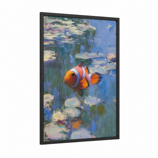 Clownfish Waterlily framed clown fish print — black wood frame — blue and orange palette