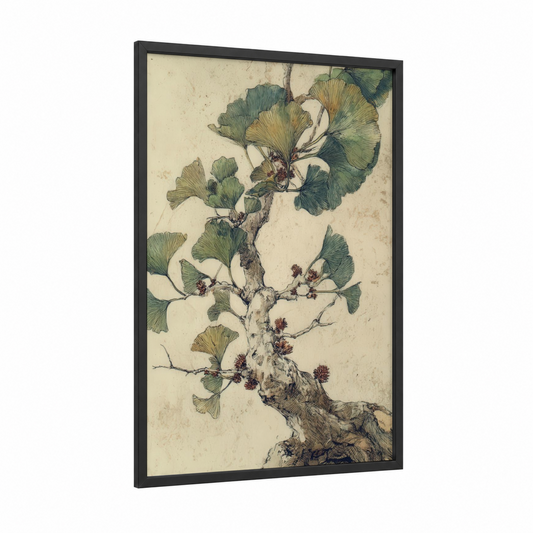 Ginkgo Bonsai framed bonsai tree print — black wood frame — cream and sage green palette