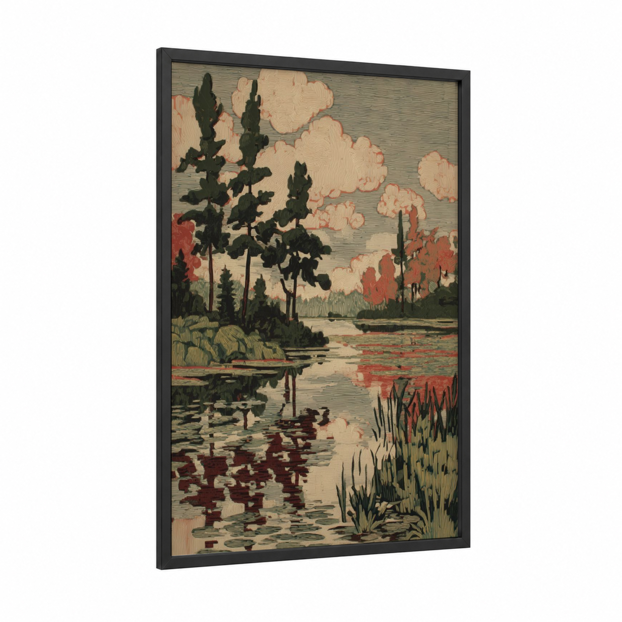 Tranquil Lake Reflection framed lakes print — black wood frame — sage green and peach palette