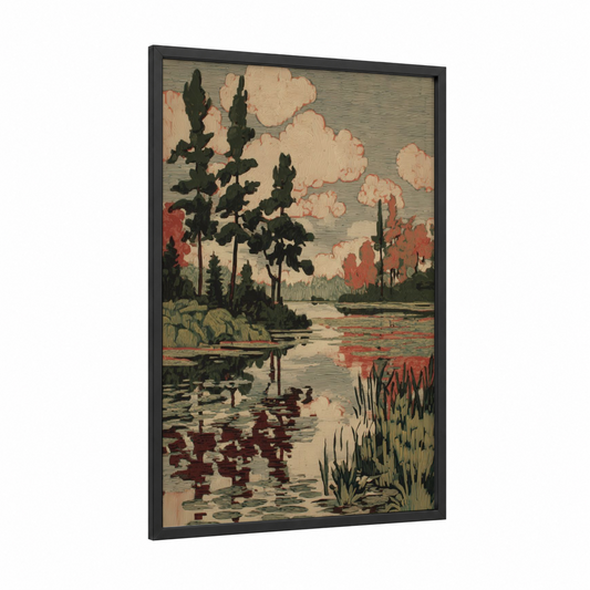 Tranquil Lake Reflection framed lakes print — black wood frame — sage green and peach palette
