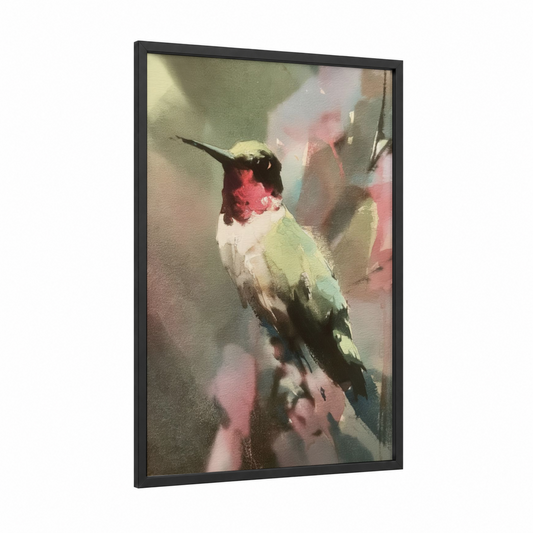 Crimson Hummingbird framed art print — black wood frame — magenta and light green palette