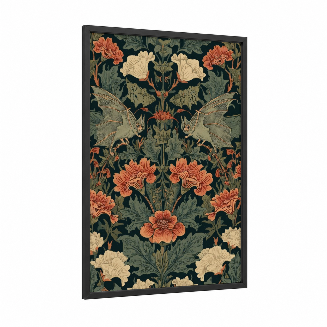 Ornate Bat Symmetry framed art print — black wood frame — dark green and orange palette
