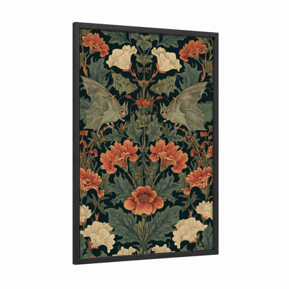 Ornate Bat Symmetry framed art print — black wood frame — dark green and orange palette
